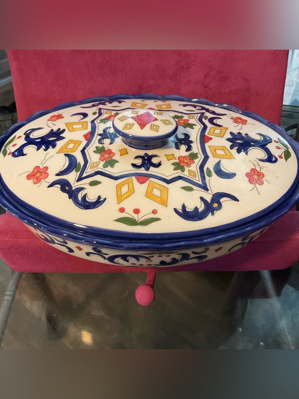Temp-Tations Ceramic Covered Dish with Blue and Yellow Accents